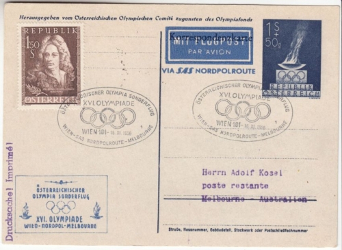 Österreich 1 S. OlympiadePrivat-GA Postkarte Sonderflug Wien Melbourne 1956