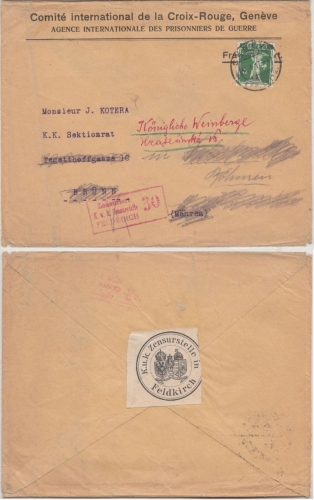 Schweiz 5 Rp. Tellknabe Drucksache Rotes Kreuz Genf n. ÖSTERREICH 1917 Zensur