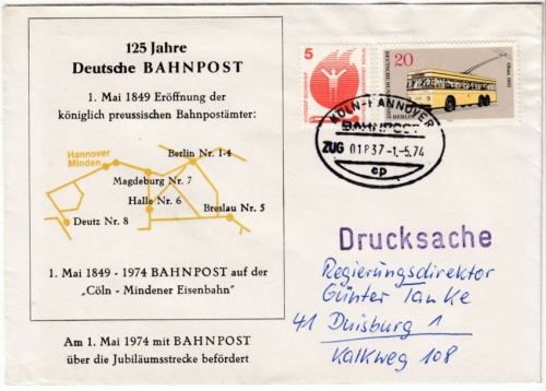 BRD Bahnpost Köln Hannover Zug 01837 Drucksache Schmuckumschlag 1974