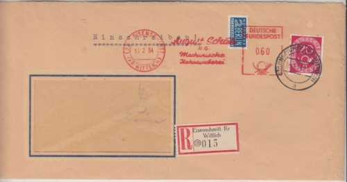 BRD 60 Pfg Absender-Freistempel + 20 Pfg. Posthorn Einschreibebrief Eisenschmitt