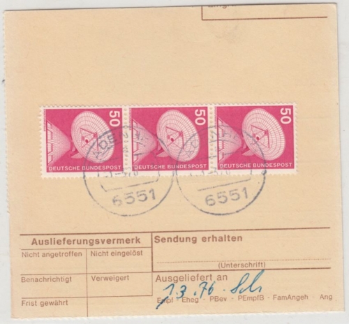 BRD 3x50 Pfg. I&T Aushändigungsgebühr Nachnahme-Paketkarte Lörrach 1976