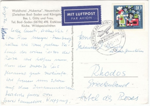 Berlin 40 Pfg. Wohlfahrt 1964 Luftpostkarte n. GRIECHENLAND Frankfurt a.M. 1965