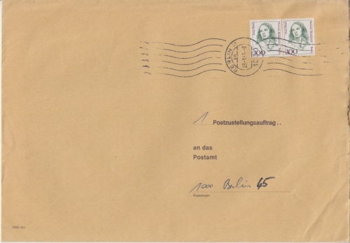 Berlin - 300 Pfg. Frauen waagr. Paar Postzustellauftrag Ortsbrief Berlin 1991