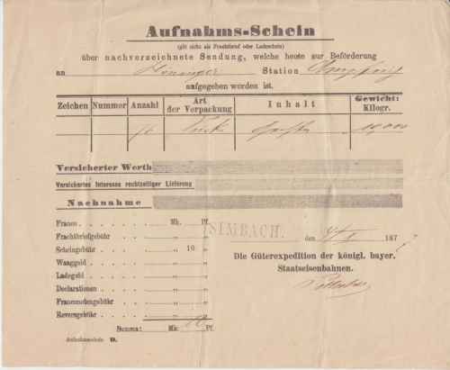 Bayern - Simbach 1877 Güterexpedition Staatseisenbahn Frachtaufgabeschein