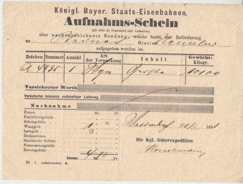 Bayern - Neuulm 1881 Güterexpedition Staatseisenbahn Frachtaufgabeschein