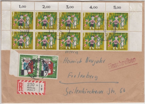 BRD - 7 Pfg. Wofa 10er-Block Oberrand u.a. Einschreibebrief Mülheim Ruhr 1962 n.