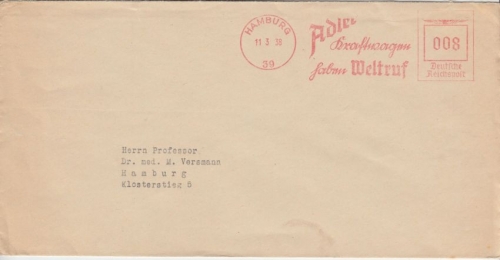 DR - Hamburg 1938 8 Pfg. Absenderfreistempel Adler Kraftwagen Ortsbrief