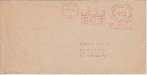 DR - Hamburg 11 13.2.1934 3 Pfg. AFS Brunswig Mercedes Büromaschinen Drucksache