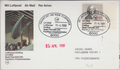 BRD - 60 Pfg. Gluck Bogenecke FORMNUMMER 3 Luftpostkarte LH 1st-Flug Frankfurt
