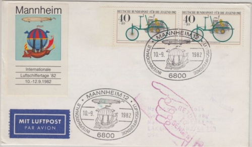 BRD - 2x40 Pfg. Jugend Luftpostdrucksache n. USA SST Mannheim 1982 Luftschiffer