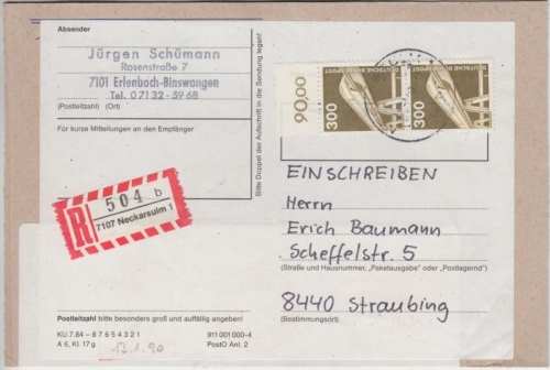 BRD - 300 Pfg. I&T senkr. Paar/Oberrand Päckchen Einschreiben Neckarsulm 1990