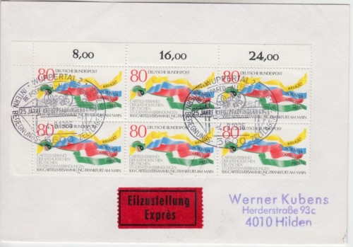 BRD - 80 Pfg Kath. Studentenverb. 6er-Block Oberrand Eilbrief SST Wuppertal 1986