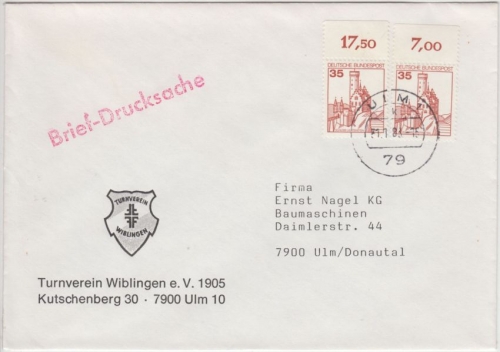 BRD - 35 Pfg. B&S waagr. Oberrandpaar Briefdrucksache Ulm 1983