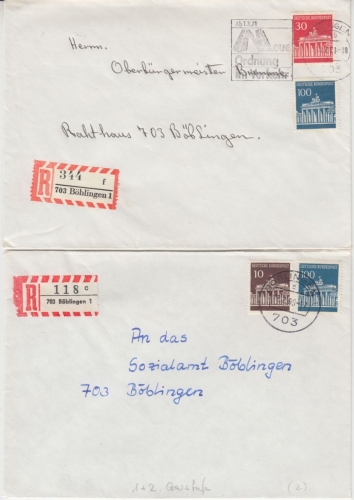 BRD - Brandenburger Tor Ortsbrief Einschreiben 1. + 2. Gew.st. Böblingen 1969/71