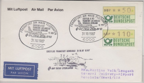 BRD - Air New Zealand 1st-flight Frankfurt Honolulu Luftpostbrief 1987