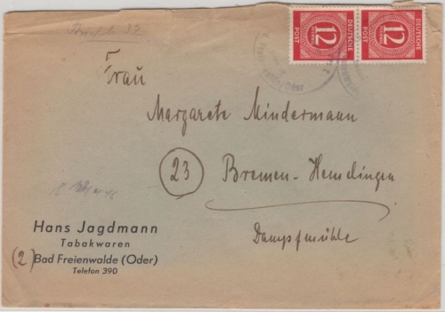 Alliierte Besetzung - Bad Freienwalde Notstempel Brief n. Bremen 2x12 Pfg Ziffer