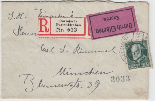 Bayern - 60 Pfg. Ludwig Eilboten Einschreibebrief Garmisch-Partenkirchen 1918 n.