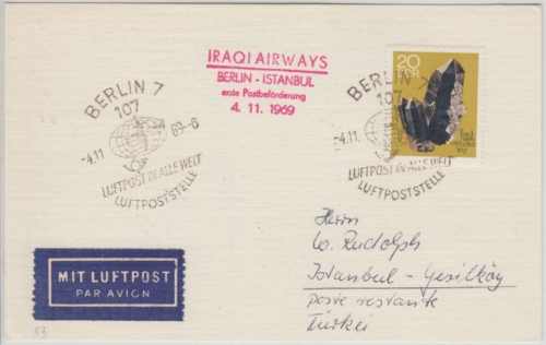 DDR - Iraqi Airways 1st-Flug Berlin - Istanbul Luftpostkarte 1969