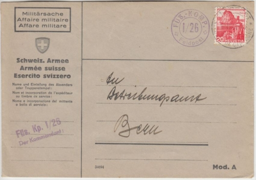 Schweiz - 20 Rp. Landschaften Militärsache Brief Füs.Kp. I/26 n. Bern 1941