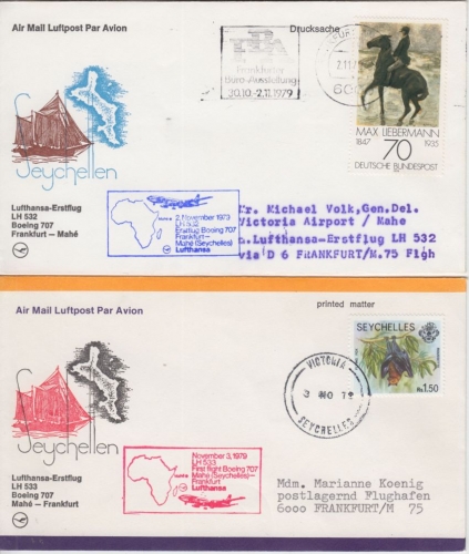 Seychellen - Lufthansa 1st-Flug Mahe-Frankfurt-Mahe 1979 2 Erstflugbriefe