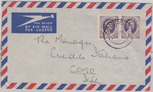 Rhodesia Nyassa - 9 P. Elizabeth Paar Luftpostbrief n. ITALIEN Kariba Como 1948