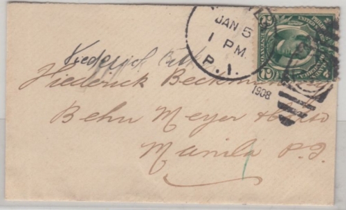 Philippinen - US-Post 2 C. Ortsbriefchen (ca. 9x6cm) Manila 1908