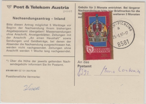 Österreich - 20 S. 1000 J. Österreich Nachsendungsantrag Inland Köflach 1997