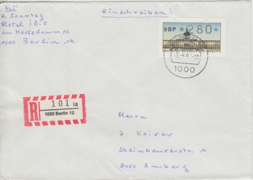 Berlin - ATM 280 Einzelfrankatur Einschreibebrief n. Amberg Berlin 12 1987