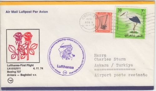 Iraq - 30 F. Storch u.a. Luftpostbrief LH 1st-Flug Baghdad - Ankara 1974