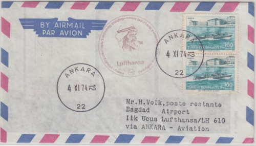 Türkei - 2x100 K Seekriegsschule Luftpostbrief LH 1st-Flug Ankara - Baghdad 1974