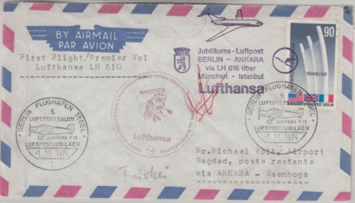 Berlin - Jub. Luftpost n. Ankara Zuleitungspost LH 1st-Flug Ankara Baghdad 1974