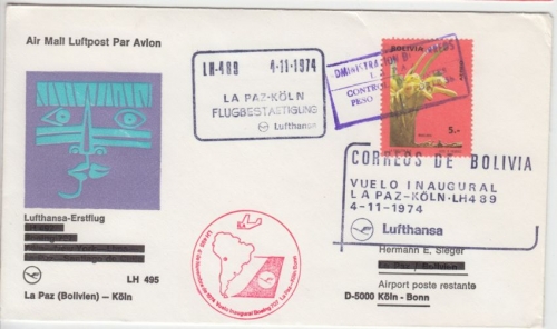 Bolivien - 5 P. Orchideen Luftpostbrief Lufthansa 1st-Flug La Paz - Köln 1974