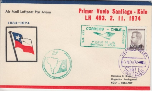Chile - 300 E. a. 50 C. Überdruck Luftpostbrief LH 1st-Flug Santiago - Köln 1974