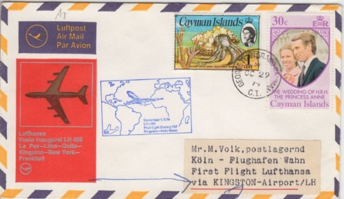 Cayman Islands - Zuleitungspost Luftpostbrief LH 1st-Flug Kingston - Köln 1974