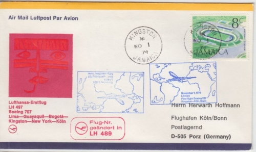 Jamaika - Lufthansa Erstflug 1st-Flug Kingston - Köln 1974 Luftpostbrief