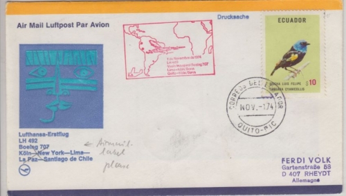 Ecuador - 10 S. Tangare Singvogel Luftpostbrief LH 1st-Flug Quito - Köln 1974
