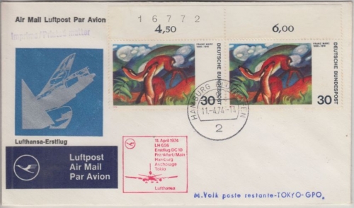 BRD - 30 Pfg. Franz Marc Paar m. Bogennummer Luftpostdrucksache n. JAPAN 1974