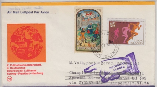 Cook Islands - Kingston 1974 Luftpostbrief Zuleitungspost Sydney-Hamburg
