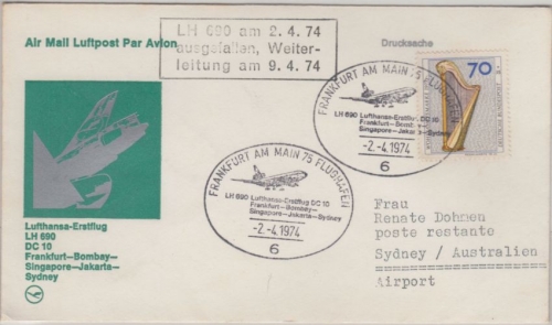 BRD - 70 Pfg. Wohlfahrt Harfe Luftpost-Drucksache n. AUSTRALIEN LH 1st-Flug 1974