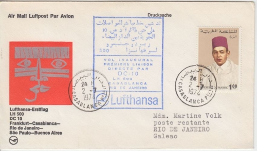 Marokko - 1 Dh. König Hassan II Luftpostbrief LH 1st-Flug Casablanca BRASILIEN