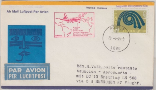 Belgien - Militärpostamt Köln Zuleitungspost 1st-Flug München Asuncion 1974