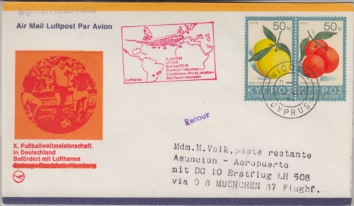 Zypern - 50+50 M. Früchte Zuleitungspost 1st-Flug München Asuncion 1974