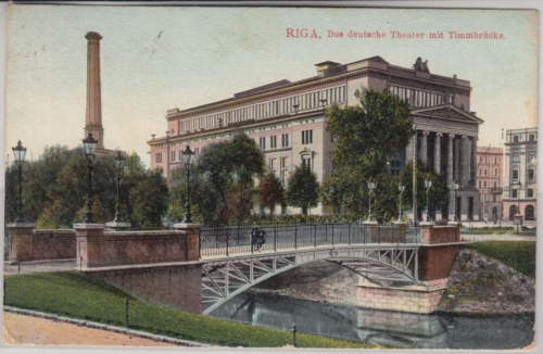 Lettland Baltikum - Riga Theater Timmbrücke farb. Ansichtskarte gel. 1909 Latvia