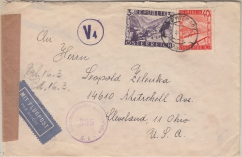 Österreich - 3 S. + 40g Landschaften Zensur Luftpostbrief n. USA Wien 1948 n.