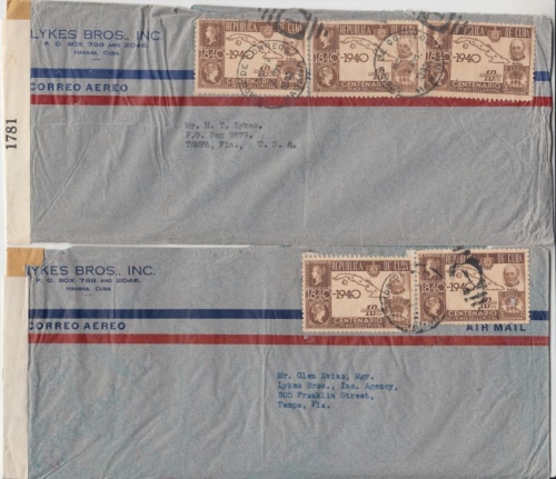 Karibik - 100 J. Briefmarke 2 Luftpostzensurbriefe Habanna Tampa/USA 1942