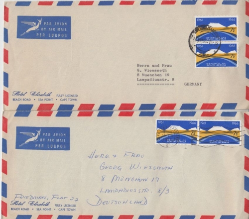 Südafrika - 7 1/2 C. Jahrestag Republik waagr.+senkr. Paar 2 Luftpostbriefe 1966