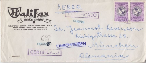 Venezuela - 2x1 B. Buch Luftpost Einschreibebrief Caracas München 1958