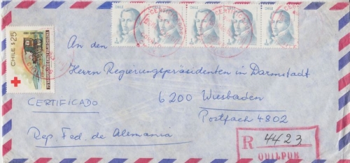 Chile - 25 $ 75 J. Rotes Kreuz Chile ua. Luftpost Einschreibebrief Quilpue 1982