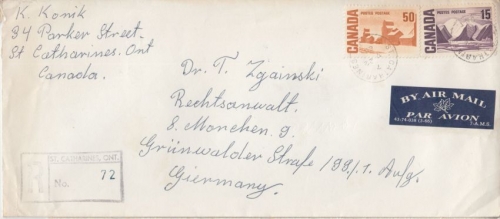 Canada - 50+15C Freimarken Luftpost Einschreibebrief St. Catharines München 1968
