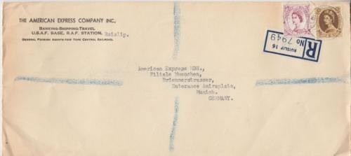 England - 1 Sh. + 6 P. Queen Elizabeth Einschreibebrief Ruislip (USAF) 1958 n.